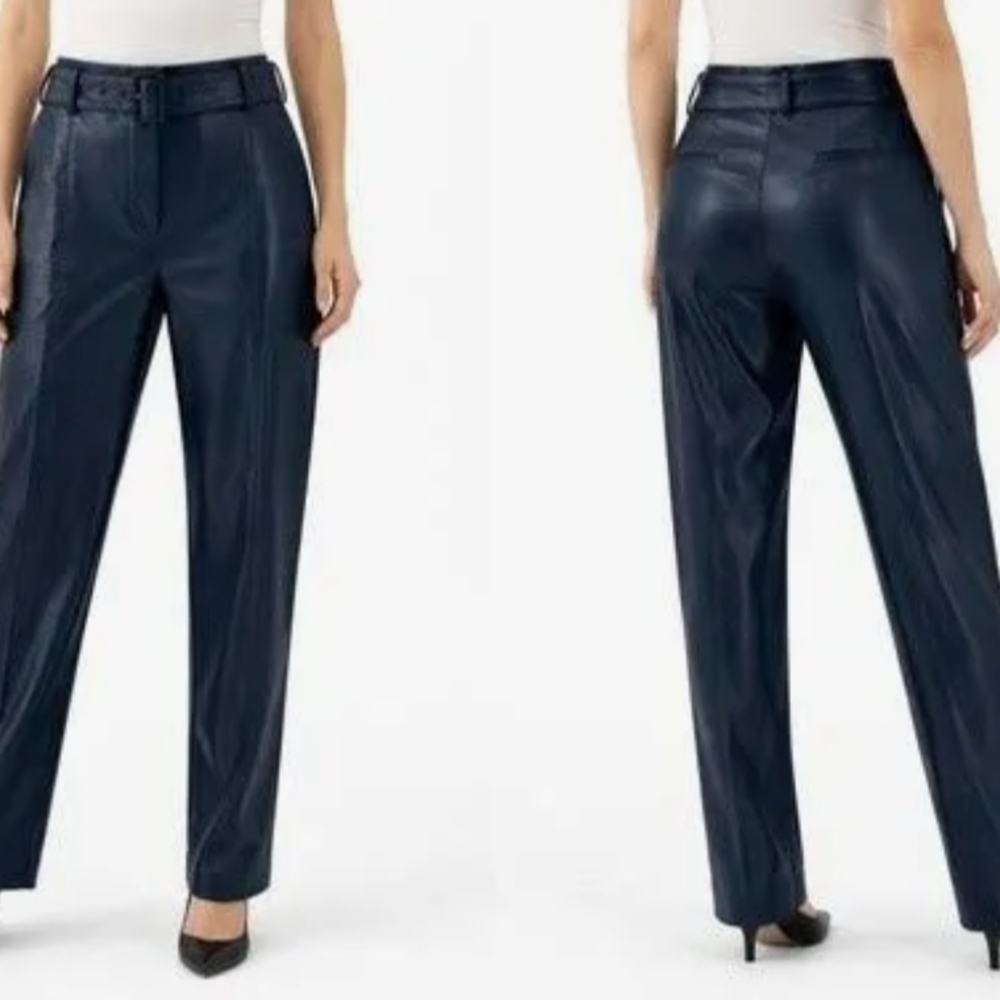 High-Rise Straight Leg Faux Leather Pants - Navy